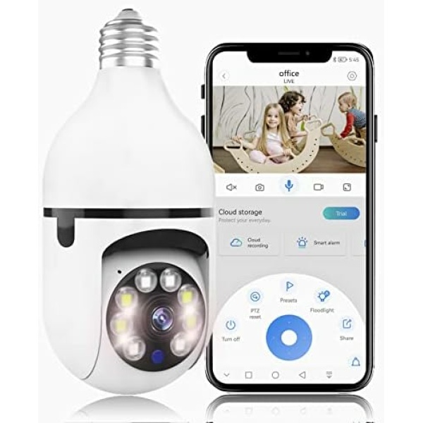 1080P Light Bulb Camera - 360 Degree Security Camera Wireless Outdoor & Indoor - Wifi Home Camera with APP for Phone - Light Socket Monitor with Motion Detection and Alarm/ Two-Way Audio/ Night Vision