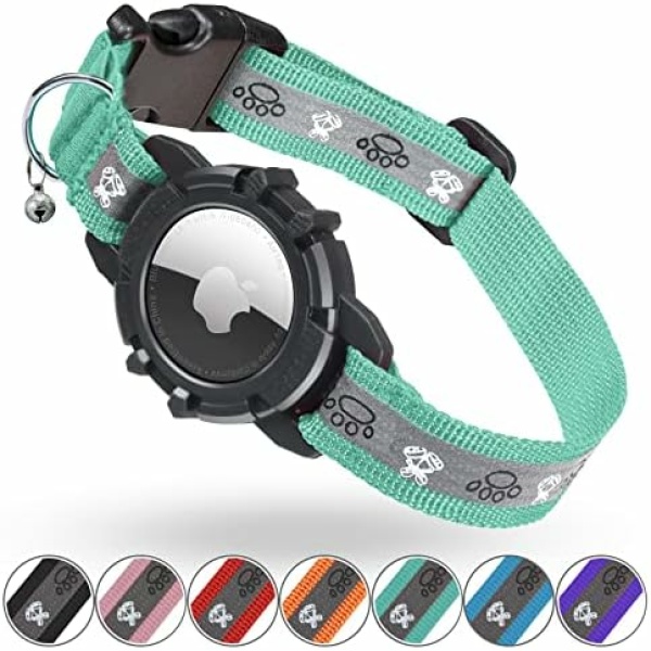Reflective AirTag Cat Collar, FEEYAR Integrated GPS Cat Collar with Apple Air Tag Holder and Bell, Safety Elastic Band Tracker Cat Collars for Girl Boy Cats, Kittens and Puppies [Green] 7-9 Inch
