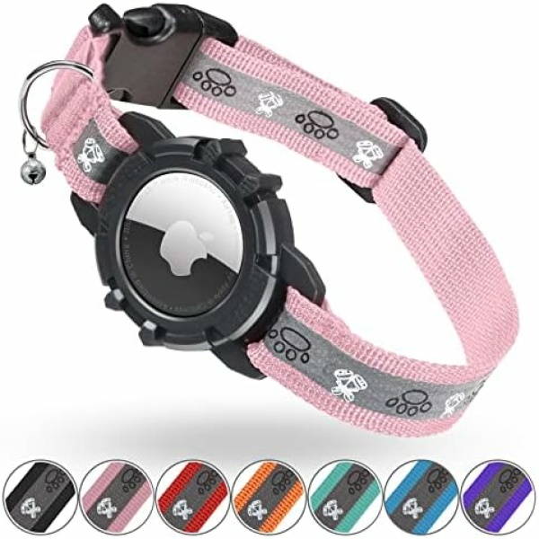 Reflective AirTag Cat Collar, FEEYAR Integrated GPS Cat Collar with Apple Air Tag Holder and Bell, Safety Elastic Band Tracker Cat Collars for Girl Boy Cats, Kittens and Puppies [Pink] 9-13 Inch