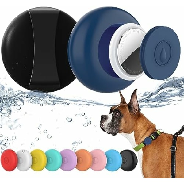 2 Pack IPX8 Waterproof AirTag Dog Collar Holder, Hidden Air Tag Case for Cat Collar,Anti-Lost Silicone Cover for AirTag GPS Tracker Compatible with Pets Loop,Fits All Width Collars(Black,NavyBlue L)