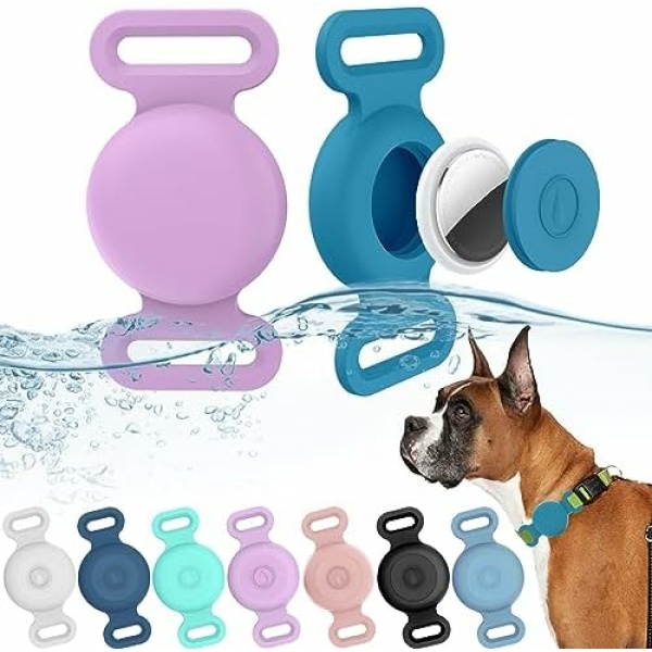 2 Pack IPX8 Waterproof AirTag Dog Collar Holder, Hidden Air Tag Case for GPS Puppy Kitten Cat Collar, Silicone AirTag Mount Tracker Cover Compatible with Pets Harness, Anti-Lost(Purple,Sky Blue M)