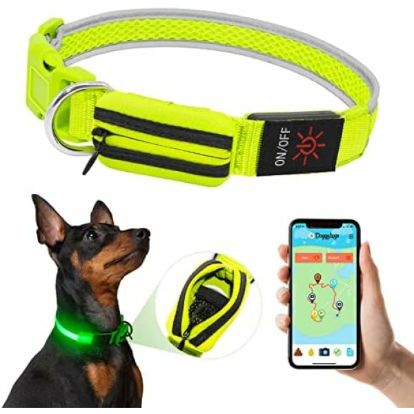 Airtag Dog Collar Airtag Holder, Light Up Dog Collar GPS Tracker Holder for Dogs with Bag for Dog ID Tag AIRTAG USB Rechargeable Reflective Breathable LED Dog Collar Tag Holder Adjustable(L, Green)