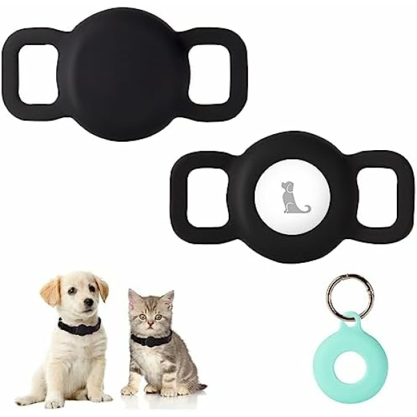 PuppyDoggy 2 Pack Airtag Holder for Collar, Dog Cat Tracker Case, Silicone Airtag Case Waterproof, Scratch-Resistant, Anti-Lost & 1 Pack AirTag Keychain Holder for Bag, Suitcase (Small, Black)