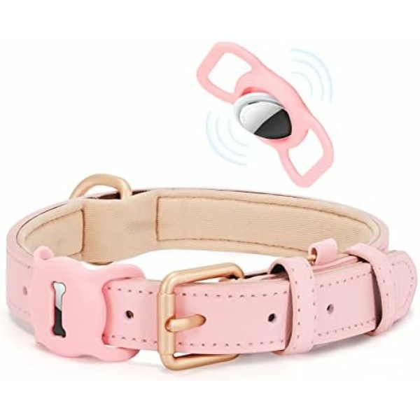 WHIPPY Airtag Leather Dog Collar GPS Tracker Air Tag Puppy Collar Adjustable Soft Leather Padded Dog Collar with Airtag Holder Case for Small Medium Large Dog Pet Backpack,Pink,L