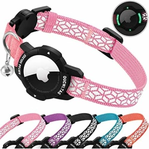 OUCWLTAG AirTag Cat Collar Breakaway, Reflective GPS Cat Collar with Luminous Apple Air Tag Holder, Cat Tracker Collars with Safety Elastic Band for Girl Boy Cats, Kittens and Puppies 9-13 Inch, Pink