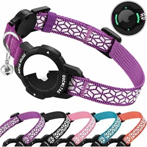 OUCWLTAG AirTag Cat Collar Breakaway, Reflective GPS Cat Collar with Luminous Apple Air Tag Holder, Cat Tracker Collars with Safety Elastic Band for Girl Boy Cats, Kittens and Puppies 7-10 Inch Purple