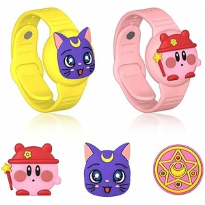 (2 Pack) Airtag Bracelet for Kids, Cute Cartoon Kid Air Tag Wristband Hidden Air Tag Holder, Silicone Air tag Wristband Tracker Holder Case Air Tag Accessories for Kids & Toddler [Yellow + Pink]
