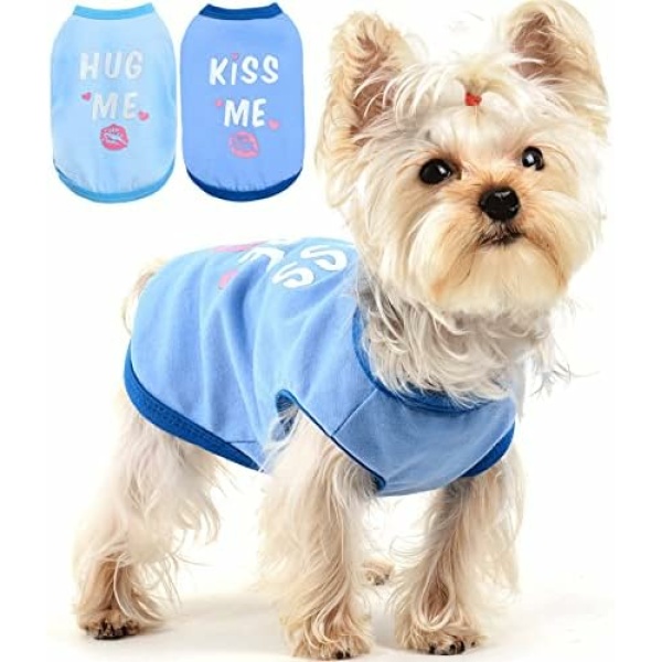 2 Pack Dog Shirts Soft Hug Me Kiss Me T-Shirt Lightweight Tank Top Blue Breathable Pet Outfit Dog Clothes for Small Dogs, Large