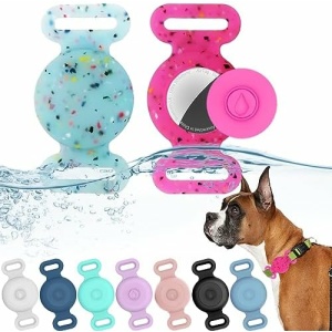 2 Pack IPX8 Waterproof AirTag Dog Collar Holder, Hidden Air Tag Case for GPS Puppy Kitten Cat Collar, Silicone AirTag Mount Tracker Cover Compatible with Pets Harness(Crushed Luminous Pink,Blue M)