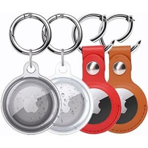 [4 Pack] Waterproof Airtag Keychain & Leather Air Tag Holder, Protective Tracker Case with Loop Key Ring for Apple AirTags, IPX8 Airtag Cover for Wallet, Luggage, Cat, Dog, Pets(Multi-Color)