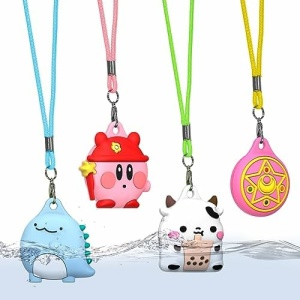 (4Pack) Waterproof AirTag Necklace for Kids, Cute Cartoon Kid Air Tag Necklace Adjustable Hidden Air Tag Holder Compatible for Apple Airtag, Silicone Airtag Accessories for Toddler (Pink, Blue, White)