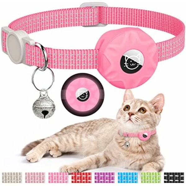 AirTag Cat Collar, Reflective Kitten Collar Breakaway Apple Air Tag Cat Collar, GPS Cat Collar with AirTag Holder and Bell, Lightweight Tracker Cat Collars for Girl Boy Cats Puppies(Luminous Pink)
