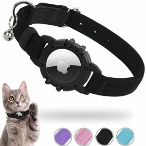 AirTag Cat Collar,FEEYAR Integrated Kitten Collar with Apple Airtag Holder[Black],Soft GPS Cat Collar with Air Tag Holder & Bell,Air Tag Cat Collars for Girl Boy Cats,Puppies,Lightweight Cat Tracker