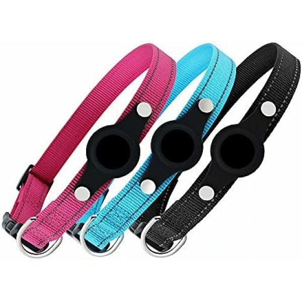 Airtag Compatible Pet Collar - Heavy Duty Reflective Nylon Material Adjustable for Dogs and Cats - Secure Rubber Pocket - Safe Pet GPS Tracker Holder (Medium, Light Pink)