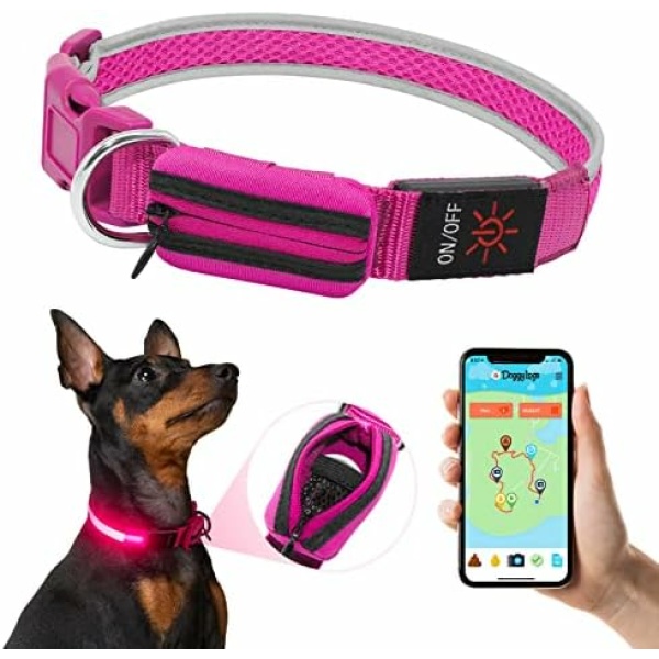Airtag Dog Collar Airtag Holder, Light Up Dog Collar GPS Tracker Holder for Dogs with Pocket for Dog ID Tag AIRTAG USB Rechargeable Reflective Breathable LED Dog Collar Tag Holder Adjustable