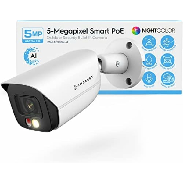Amcrest 5MP IP PoE AI Camera w/ 49ft Color Night Vision, Security Outdoor Bullet Camera, Built-in Microphone, Human & Vehicle Detection, Active Deterrent, 129° FOV, 5MP@20fps IP5M-B1276EW-AI (White)