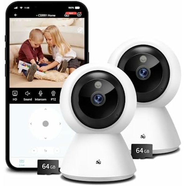 BJR 5ghz WiFi Security Cameras Indoor Pan/Tilt, 2K HD Pet Camera, Motion Detection for Baby Pet Monitor, Support for 5G/2.4G Wi-Fi, 2-Way Talk, Night Vision, Home Cam with 64G SD Card 2-Pack(CS991)