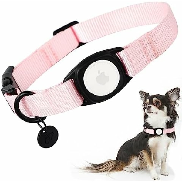 Babole Pet AirTag Dog Collar Pink for Medium Puppy Dog,11 Colors,Nylon Integrated GPS Pet Collar with Durable Snap Buckle,Dog Tracker for Apple iPhone,Small Large Boy&Girl&Female Dog(M)