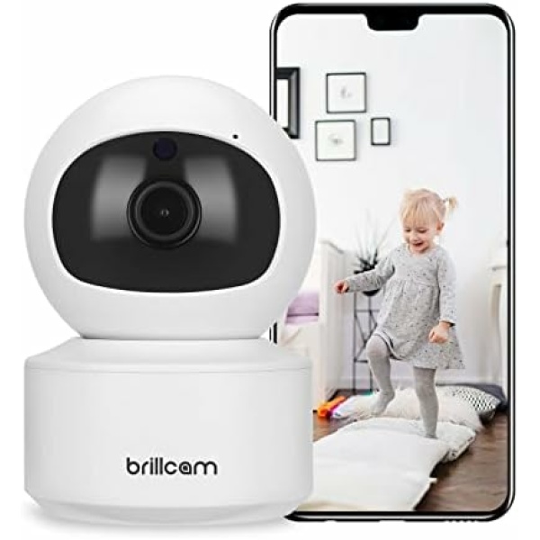 Brillcam Baby Monitor 5MP Pan and Tilt Pet Camera with Night Vision, 2 Way Audio, Cloud and SD Card Storage, Works with Alexa and Google Home Security Camera for Human Detection, Tripwire Detection