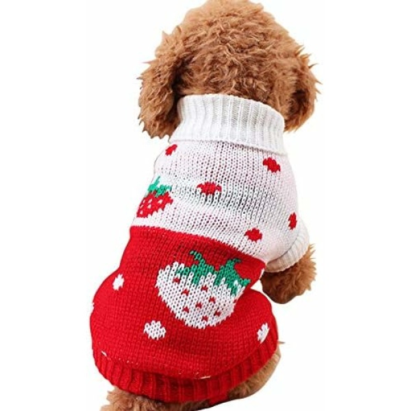 CHBORCHICEN Pet Dog Sweaters Classic Knitwear Turtleneck Winter Warm Puppy Clothing Cute Strawberry and Heart Doggie Sweater (Red1, Small)
