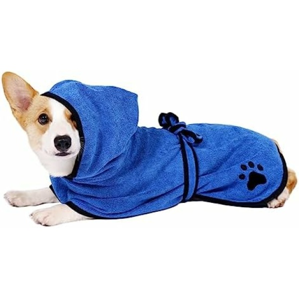 COMFPET Dog Bathrobe, Fast Drying Towel for Pet Shower & Bath, Hooded Bathrobe for Cats and Dogs of All Breeds, Good Absorbent, Medium(Blue)