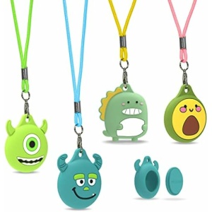 Cartoon kids Air Tag Necklace Adjustable Hidden Holder for Apple Air Tag, Cute Soft Silicone Anti-Lost Waterproof Case with Key Ring (Green)[4Pack]