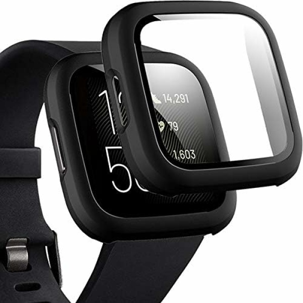 Compatible with Fitbit Versa 2 Case with Screen Protector, Anti-Scratch Shockproof Matte Hard Cover and Hard PET Screen Protector for Fitbit Versa 2 Black