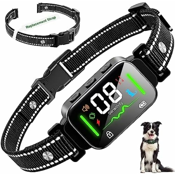Dog Bark Collar for Large Medium Small Dogs, Fdceligoo Rechargeable Smart Barking Collar with Replacement Strap, Anti Barking Collar with 8 Adjustable Sensitivity Beep Vibration Shock