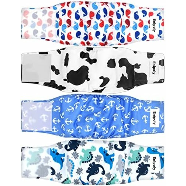 Enipoly Male Dog Diapers (4 Packs) Washable Belly Bands for Dogs, Reusable Puppies Wraps Absorbent Pet Nappies, Small, Dinosaurs| Cow| Anchors| Whales