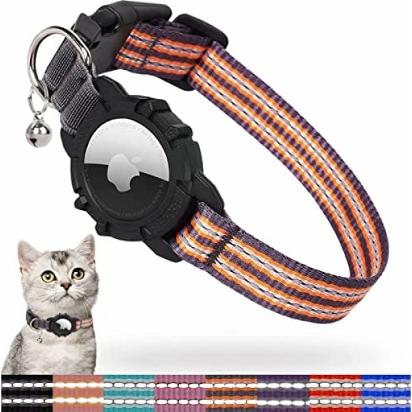 FEEYAR Integrated Collar with Apple AirTag Holder, Reflective GPS with Bell Orange, Lightweight Tracker for Girl Boy [Cat]s, Kittens and Puppies