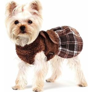 Fall Dog Dress Female Dog Sweater for Small Dogs Girl Winter Flannel Warm Pet Puppy Cat Princess Plaid Dog Sweater Dresses Fall Dog Clothes (Small, Brown)