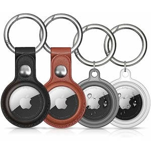 Foweroty Waterproof Airtag Keychain&Leather Air Tag Holder,[4 Pack] Protective Tracker Case with Loop Key Ring for Apple AirTags,Airtag Cover for Wallet,Luggage,Pets,Multicolor