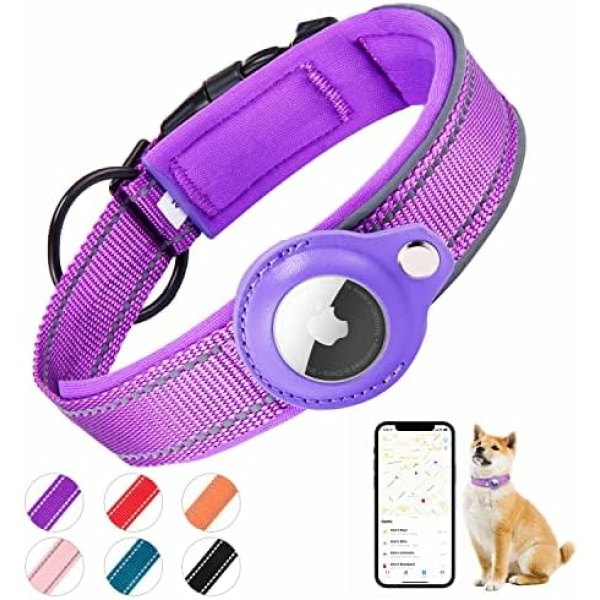 Hanbramo AirTag Dog Collar, [Purple - Size M] Reflective Apple Airtag Dog Collar, Thick Air Tag Dog Collar, Integrated AirTag Dog Collar Holder for Small Medium Large Dogs