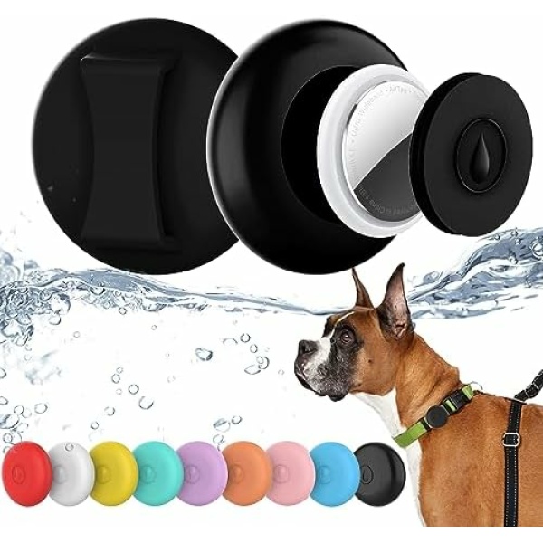 IPX8 Waterproof AirTag Dog Collar Holder, Hidden Air Tag Case for Cat Collar, Anti-Lost Silicone Cover for AirTag GPS Tracker Compatible with Pets Loop, Fits All Width Collars(Black M)