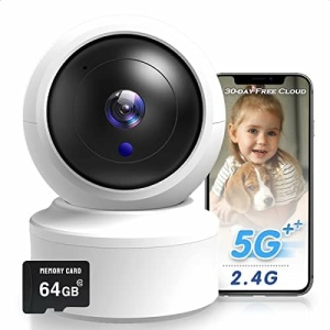 Indoor Security Camera, 2K HD Pan/Tilt Pet Camera for Baby Monitor, 5G & 2.4G Wireless WiFi Home Security Camera for Dog/Nanny, Night Vision, Siren, Compatible with Alexa (64G SD Card)