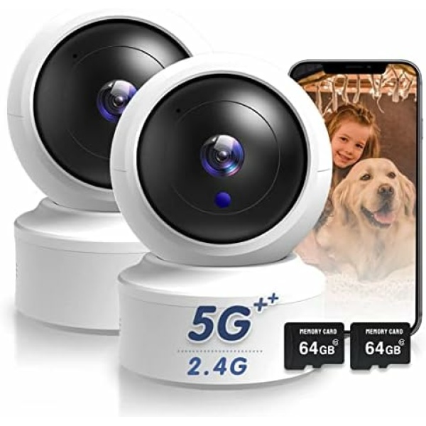 Indoor Security Camera, 2K HD Pan/Tilt Wireless Pet Camera for Baby Monitor, 5G & 2.4G WiFi Home Security Camera for Dog/Nanny, Night Vision, Siren, Compatible with Alexa 2Pcs (64G SD Card)