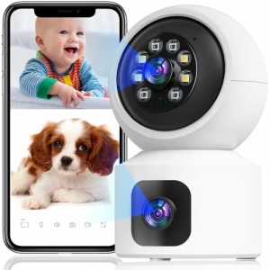 JAIOT 2K 4MP Indoor Security Camera , Dual Lens Security Camera for Pet/Baby Monitor, WiFi Dog Camera with 2-Way Audio, Motion Tracking, Siren, Works with Alexa/Google Assistant (2023 Newest Version)