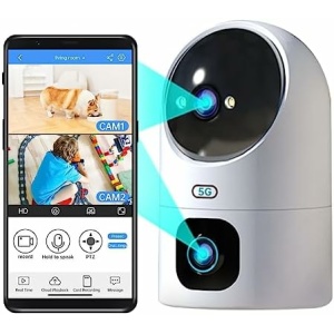 JOOAN 5G/2.4G Dual Lens Security Camera,2Kx2 Pan Tilt Zoom WiFi Camera,Indoor Camera for Baby/Pet/Home,One Touch Call,Color Night Vision,Cloud&SD Card Storage,2-Way Audio,Smart Motion Detection