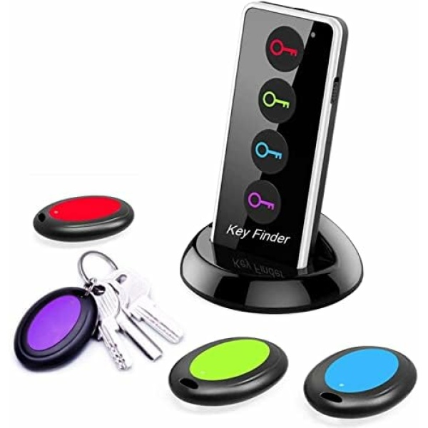 Key Finder, Reyke 80dB+ RF Item Locator Tags with 131ft. Working Range, Wireless Remote Finder Key Finder Locator for Finding Wallet Key Phone Glasses Pet Tracker, 1 RF Transmitter & 4 Receivers