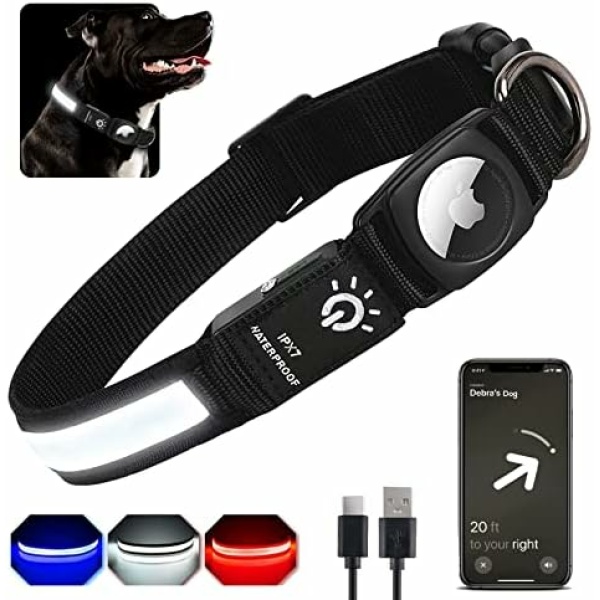 LED AirTag Dog Collar, FEEYAR Air Tag Dog Collar [IPX7 Waterproof], Light Up Dog Collars with Apple AirTag Holder Case, Rechargeable Lighted Dog Collar for Small Medium Large Dogs [Black][Size S]