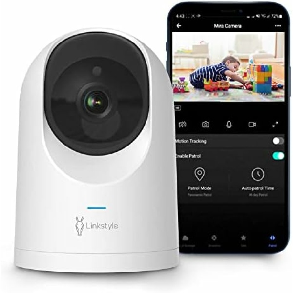 LINKSTYLE MIRA II Baby Monitor Camera, 2K QHD WiFi Indoor Security Camera with Advanced Motion Detection, Human & Pet AI Tracking, Night Vision, 2-Way Audio, Patrol Modes, Dual (Cloud/SD) Storage,