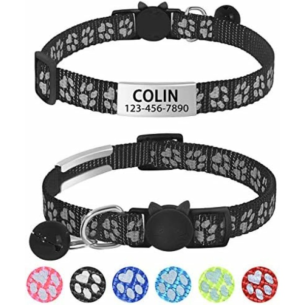 LaReine Reflective Cat Collars Breakaway with Bell and ID Tag - with Personalization Options (7.5"-12.5" Neck, Customized - Black)