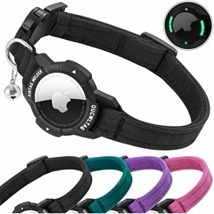 Luminous AirTag Cat Collar Breakaway, OUCWLTAG GPS Cat Collar with Apple Air Tag Holder, Cat Tracker Collars with Safety Elastic Band for Girl Boy Cats, Kittens and Puppies (9-13 Inch, Black)