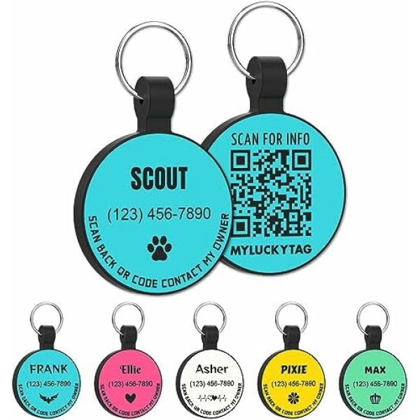 MYLUCKYTAG Personalized Pet ID Tags Dog Tags - Silent Silicone QR Code ID Tags - Pet Online Profile - Send Pet Location Alert Email When Scanning