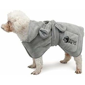 Ownpets Dog Bathrobe Towel, Super Absorbent Soft Dog Drying Robe with Cap & Pocket for Bathing & Beach Trips, Microfibre Fast Drying Dog Towel Robe for Dogs and Cats(Size XS)