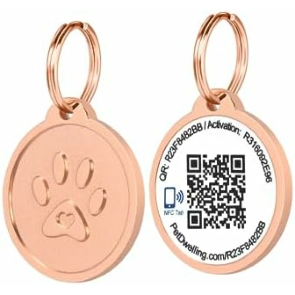 Pet Dwelling Premium NFC-QR Code Pet ID Tags - Dog Tags and Cat Tags, Connect to Online Pet Profile, Receive Instant Scanned Location Email Alert(Rose Gold Paw)