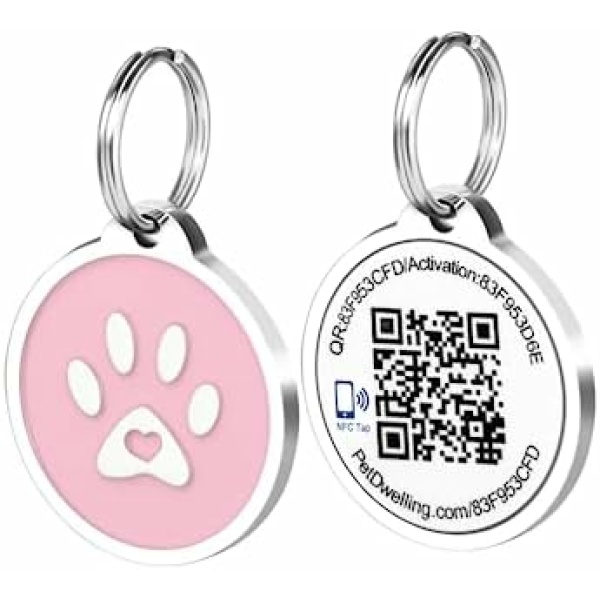 Pet Dwelling Smart QR Code-NFC Pet ID Tag - Dog Tags - Cat Tags - Online Pet Profile - Instant Email Alert -Scanned QR Tag GPS Location (Pink Paw)