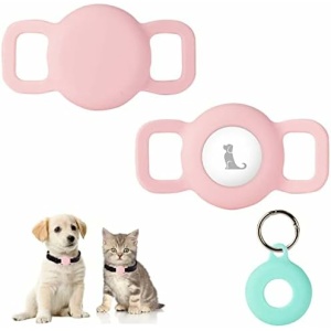 PuppyDoggy 2 Pack Airtag Holder for Collar, Dog Cat Tracker Case, Silicone Airtag Case Waterproof, Scratch-Resistant, Anti-Lost & 1 Pack AirTag Keychain Holder for Bag, Suitcase (Small, Pink)