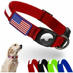 Reflective AirTag Dog Collar, FEEYAR Waterproof Air Tag Dog Collar [Red], Integrated Apple AirTag Holder Dog Collars with Flag Patch, GPS Tracker Dog Collar for Small Medium Large Dogs [Size M]