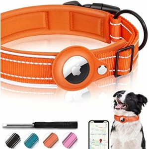 Reflective AirTag Dog Collar,Padded Apple Air Tag Dog Collar, Heavy Duty Dog Collar with AirTag Holder Case, Adjustable Air Tag Accessories Pet Collar for Small Medium Large Dog, M (15''-18'')